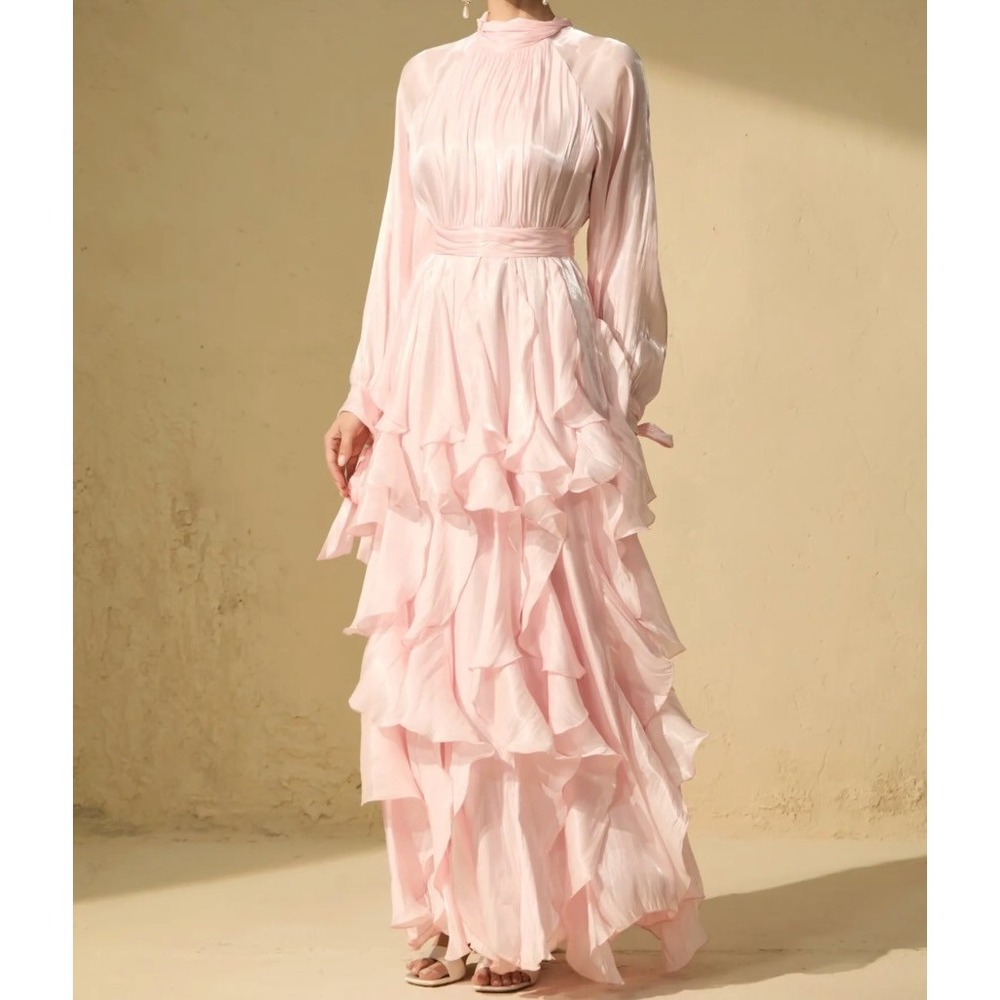 Sunfere Estella Puff Sleeve Ruffle Trim Maxi Dress Size M Pink Organza Modest